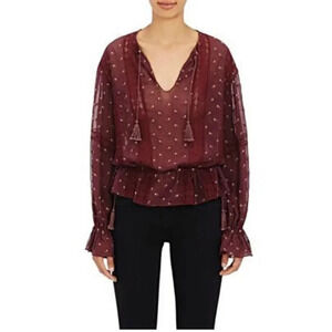 Ulla Johnson Elke Embroidered Blouse Size 8 Wine Burgundy Lace Flare Sleeve
